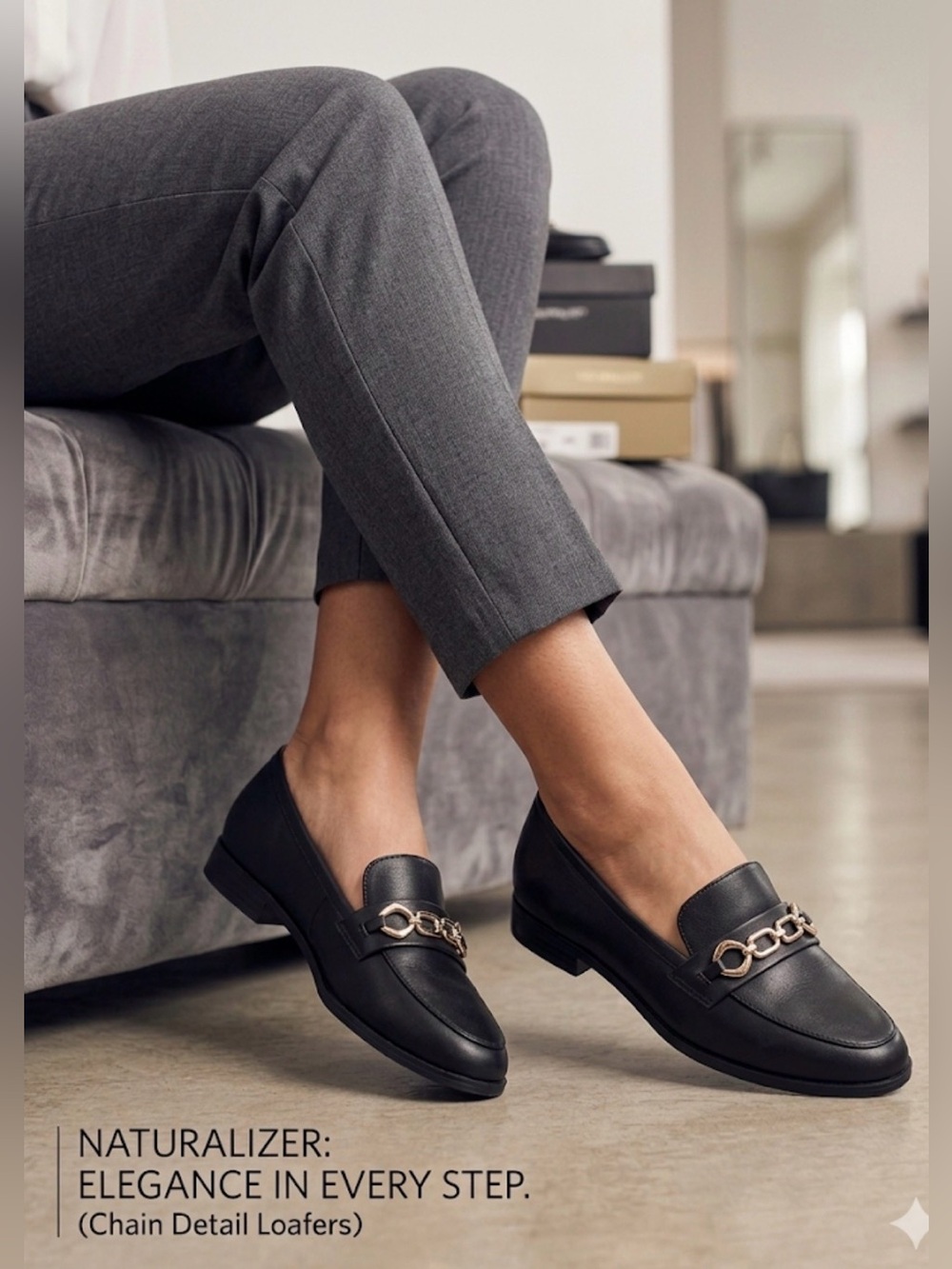 New: Naturalizer Black Leather Chain-Detail Loafers